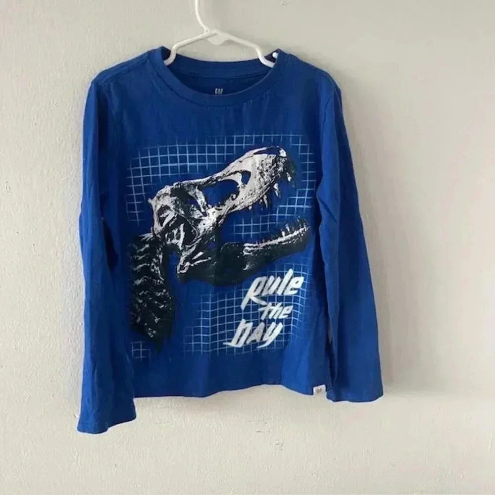 Gap Kids Graphic Long-Sleeve T-Shirt - Blue with Dinosaur Design - Size Small